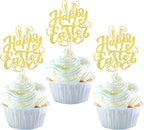 24 Pack Happy Easter Cupcake Toppers with Gold Glitter Rabbit Ear Cupcake Food Picks Bunny Paw Cake Decorations for Happy Easter Themed Baby Shower Kids Birthday Party Supplies