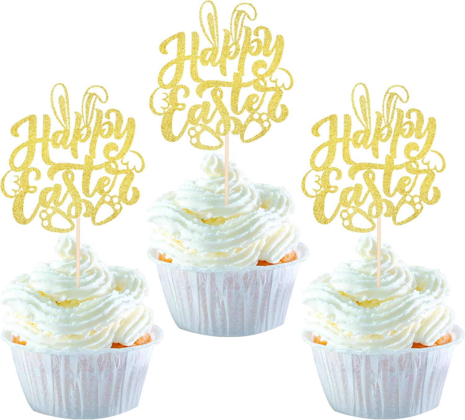 24 Pack Happy Easter Cupcake Toppers with Gold Glitter Rabbit Ear Cupcake Food Picks Bunny Paw Cake Decorations for Happy Easter Themed Baby Shower Kids Birthday Party Supplies