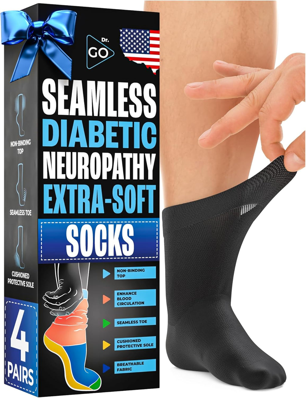 DR. GO Neuropathy Diabetic Socks for Men Crew Size Seamless Non Binding Socks 4 Pairs Black White