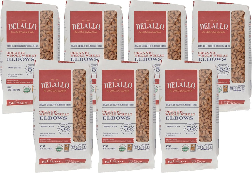 DeLallo Whole Wheat Elbow Macaroni Pasta, 1 Pound Bag, 7 Pack, 100% Organic, Made in Italy, High Protein