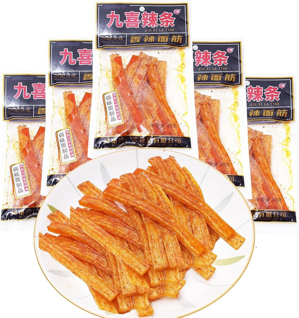 Spicy Strips - Spicy Gluten Latiao,Chinese Special Casual Snack Food,Made From Wheat/Chili/Spice,Best Vegan,Piece Nostalgia Food,Convenient Fast Food.辣条 80g/2.82oz per Pack (Pack of 5)