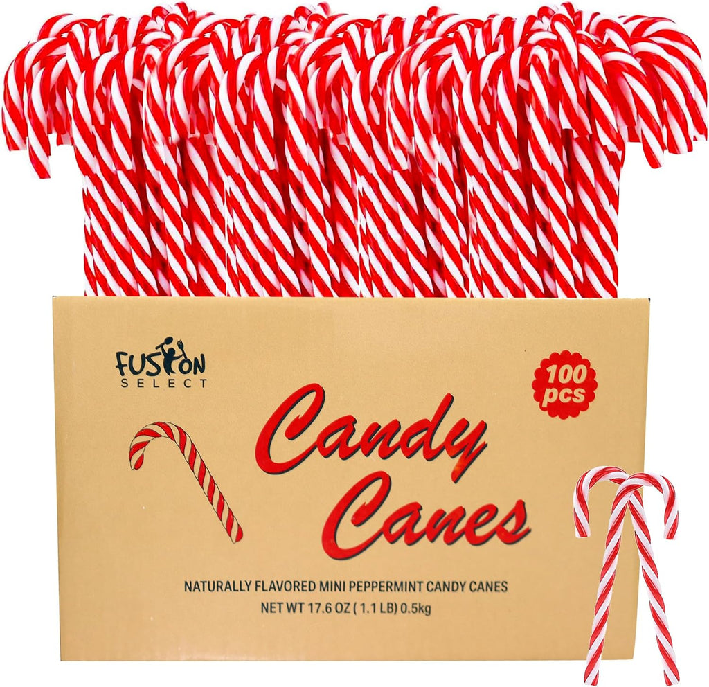 Fusion Select 100 Pcs Mini Candy Canes - Striped Christmas Candies, Sweet Goodies for the Holidays - Naturally Flavored Mini Peppermint Confections for Yuletide Parties, Stocking Stuffers, Gifts