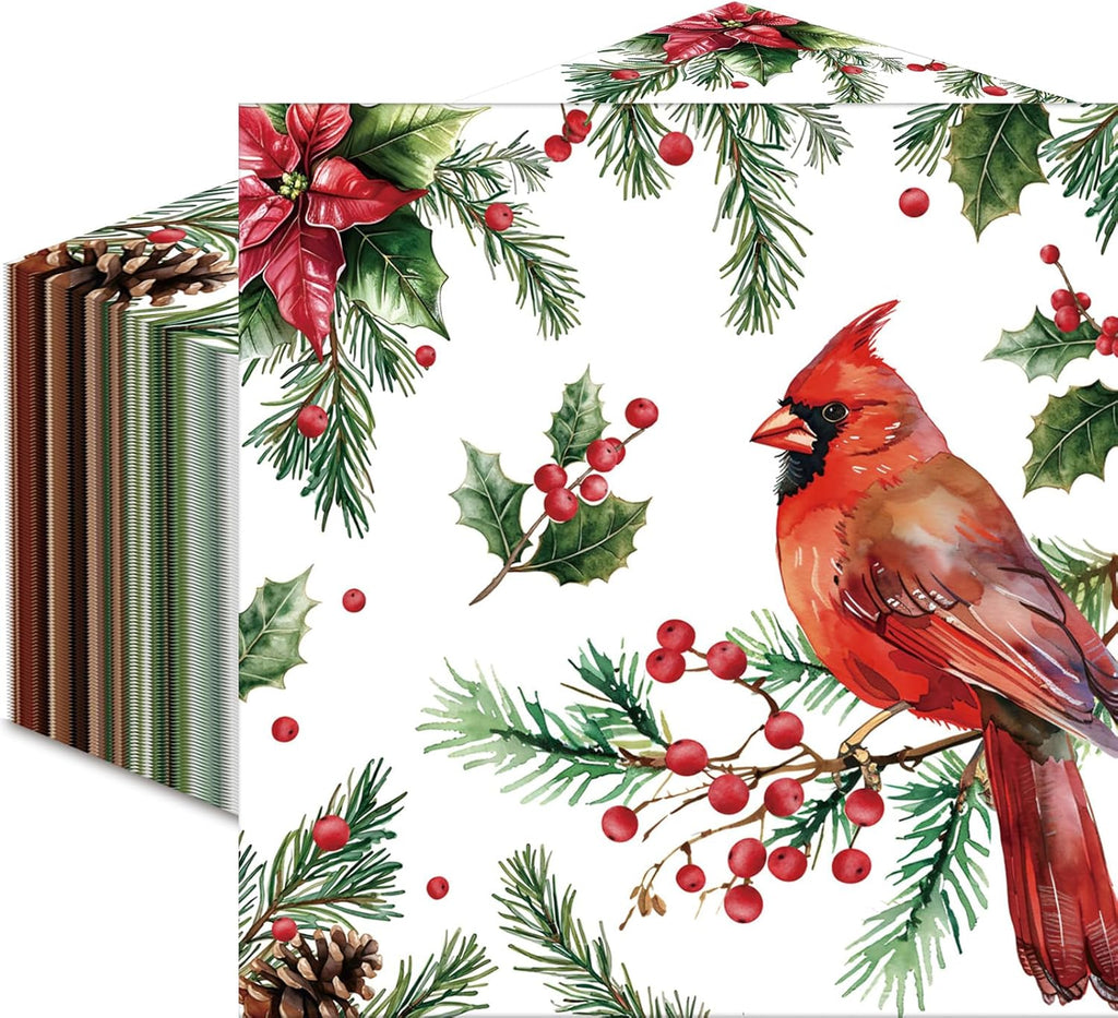 50 Count Christmas Paper Napkins, Disposable Holiday Cocktail Napkins with Cardinal, Holly, and Pine Design for Winter Parties, Xmas Dinner, Rustic Wedding, New Year, and Festive Table Decorations