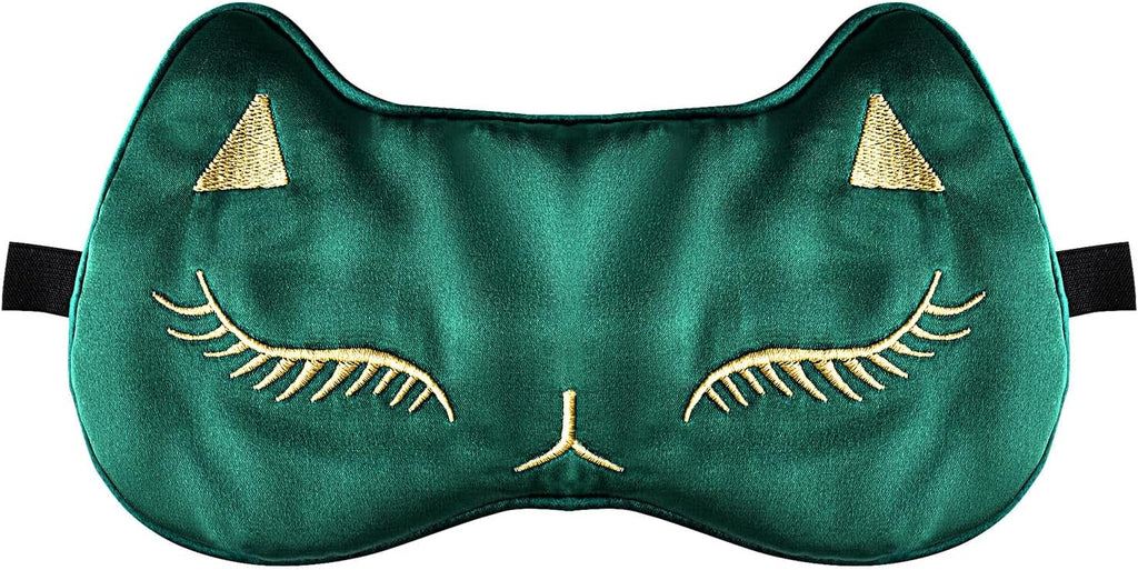 Cute Cat Silk Sleep Mask Adjustable Eye Mask Sleeping Mask Eye Cover Soft Satin Blindfold Eye Shade for Girls Women Men Travel Nap - Green