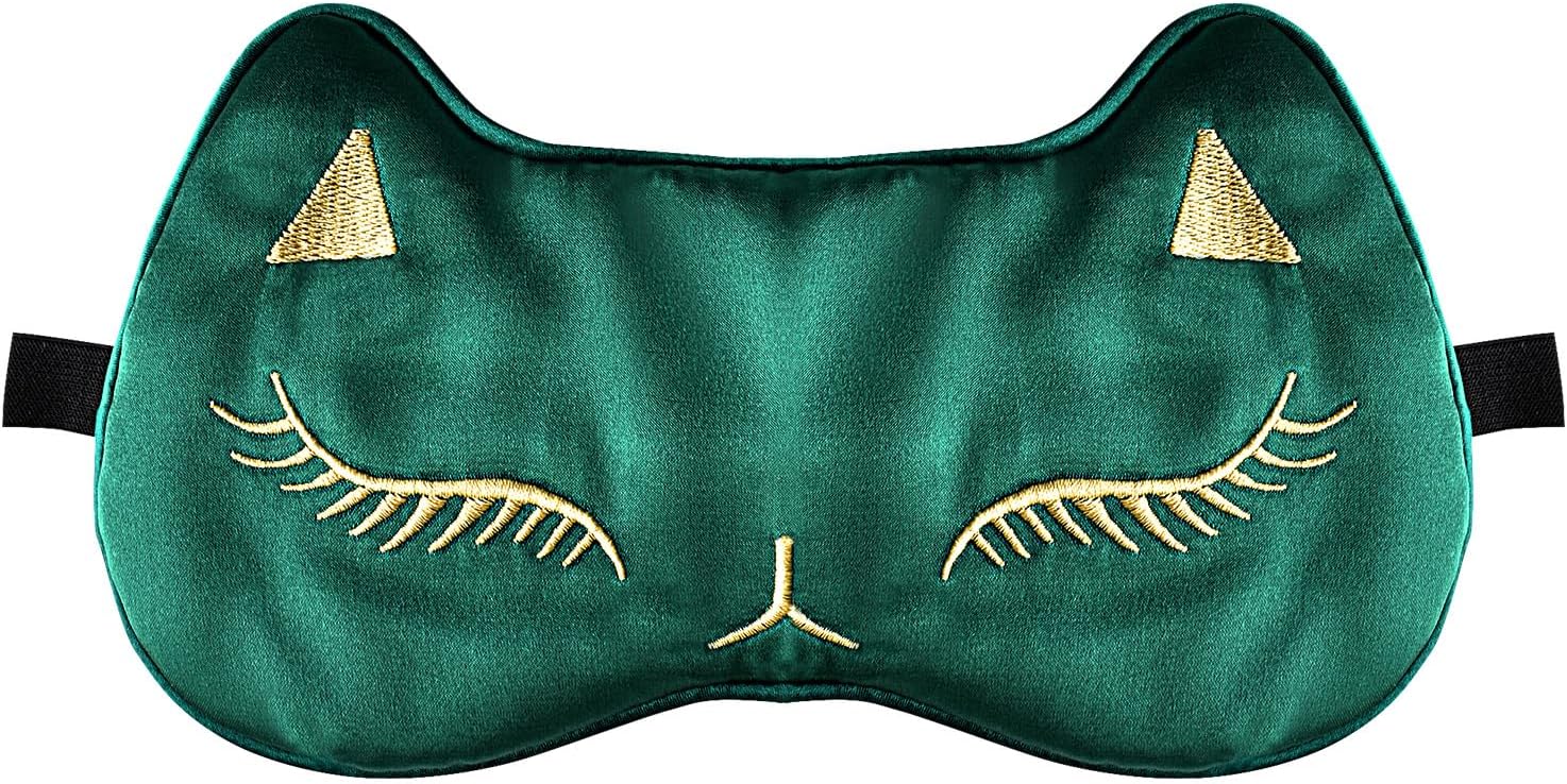 Cute Cat Silk Sleep Mask Adjustable Eye Mask Sleeping Mask Eye Cover Soft Satin Blindfold Eye Shade for Girls Women Men Travel Nap - Green