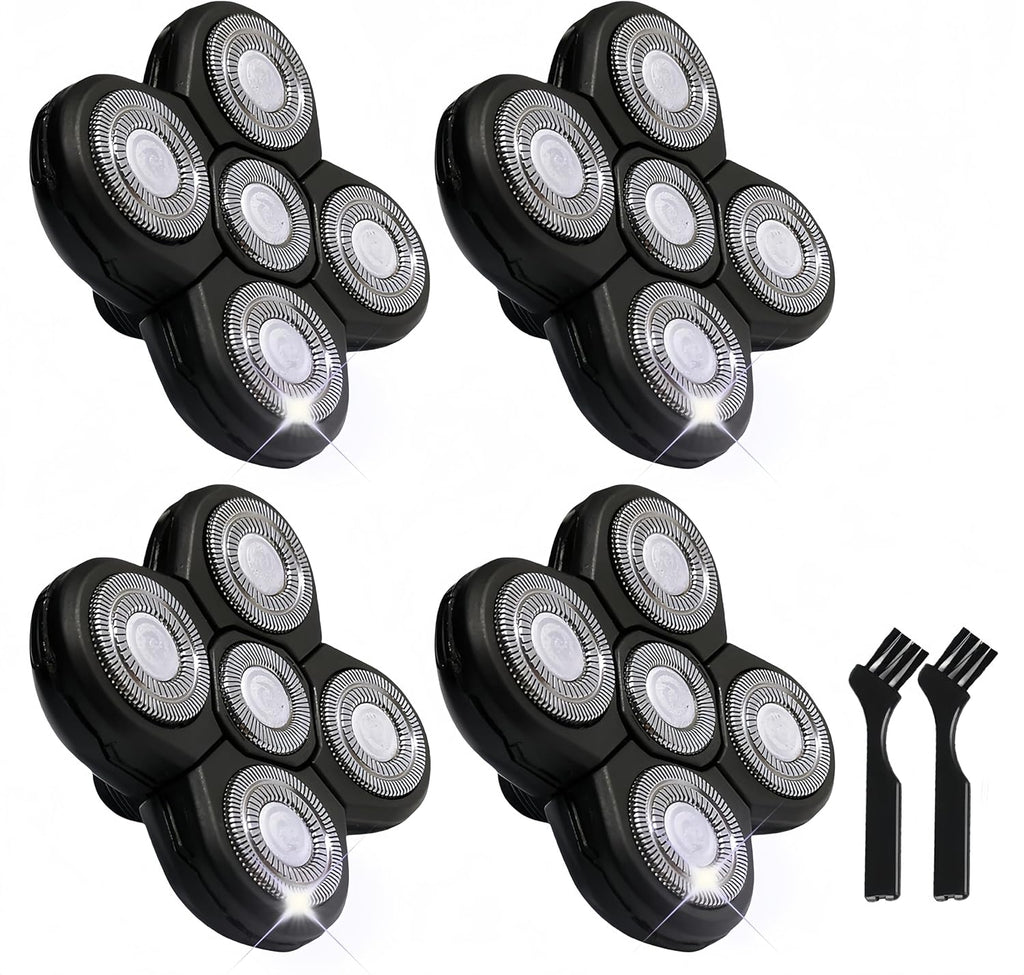 4PCS Shaver Replacement Blades for Head Shaver, 5 Blades Shaver Heads for Bald Men, Head and Face Electric Razor Heads, 2 Cleaning Brush