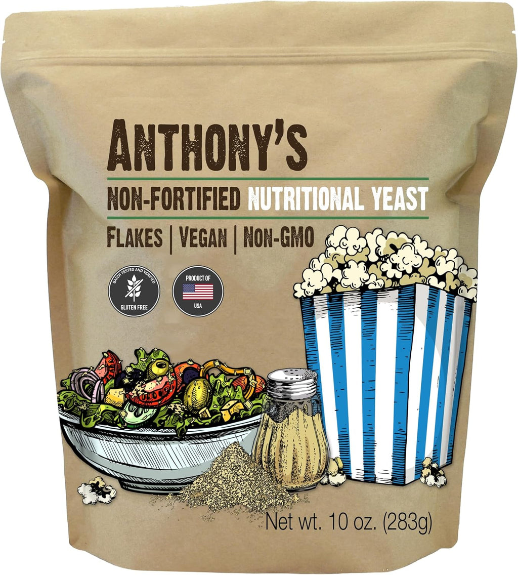 Anthony's Premium Nutritional Yeast Flakes, 10 oz, Non Fortified, Batch Tested Gluten Free, Non GMO