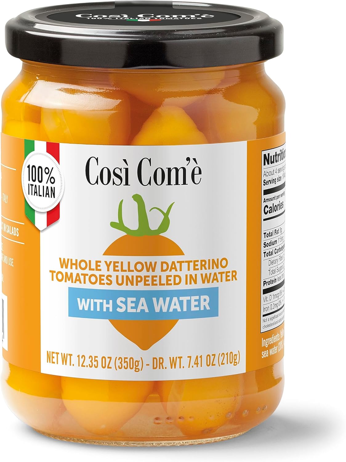 Così Com'è, Whole Yellow Datterini Tomatoes in Sea Water, (12.354 oz) 350 g,low-acid, No additives, no preservatives, 100 Natural, Non-GMO, Product of Italy