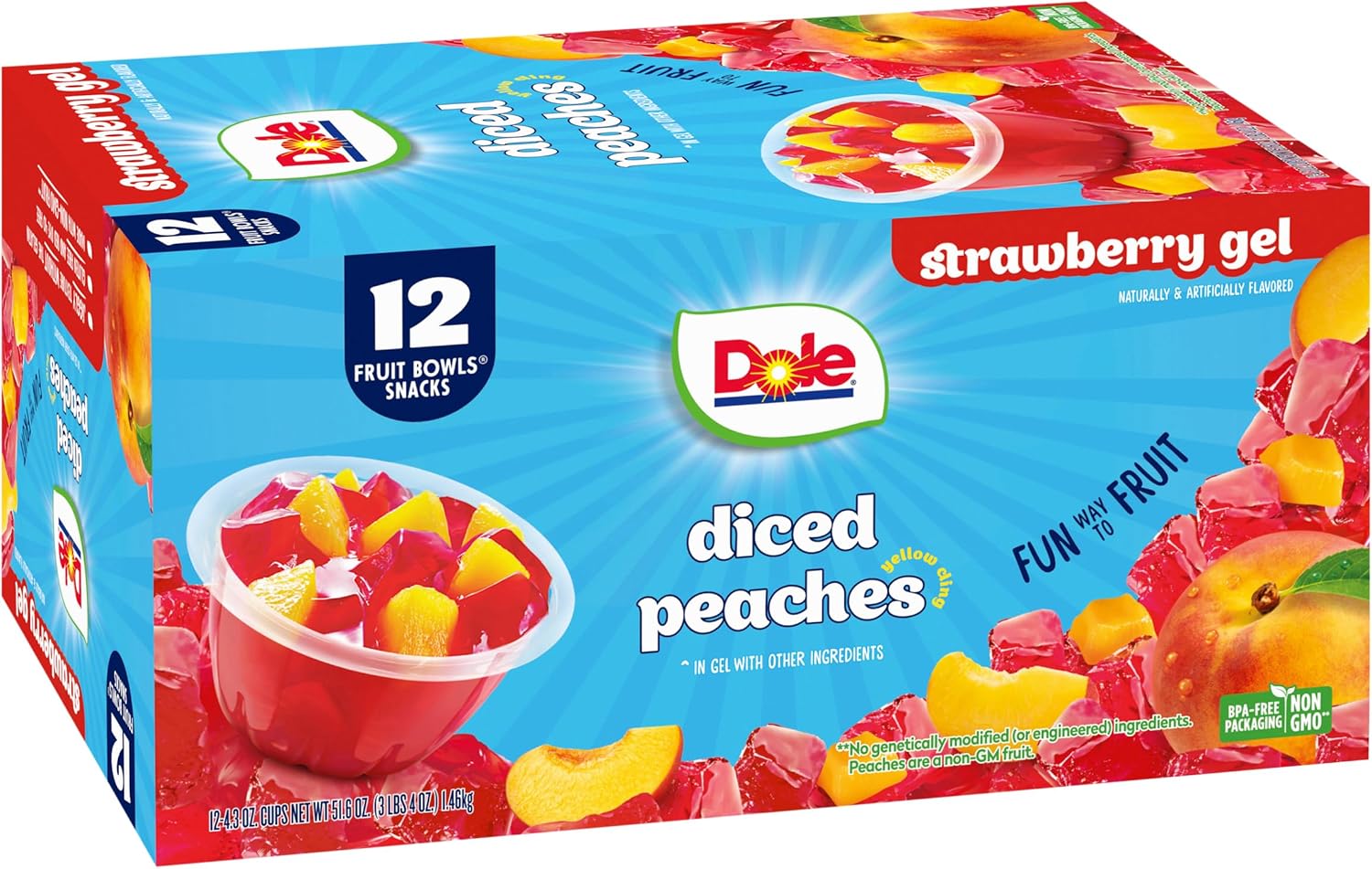 Dole Fruit Bowls Peaches in Strawberry Flavored Gel Snacks, 4.3oz 12 Total Cups, Gluten & Dairy Free, Bulk Lunch Snacks for Kids & Adults