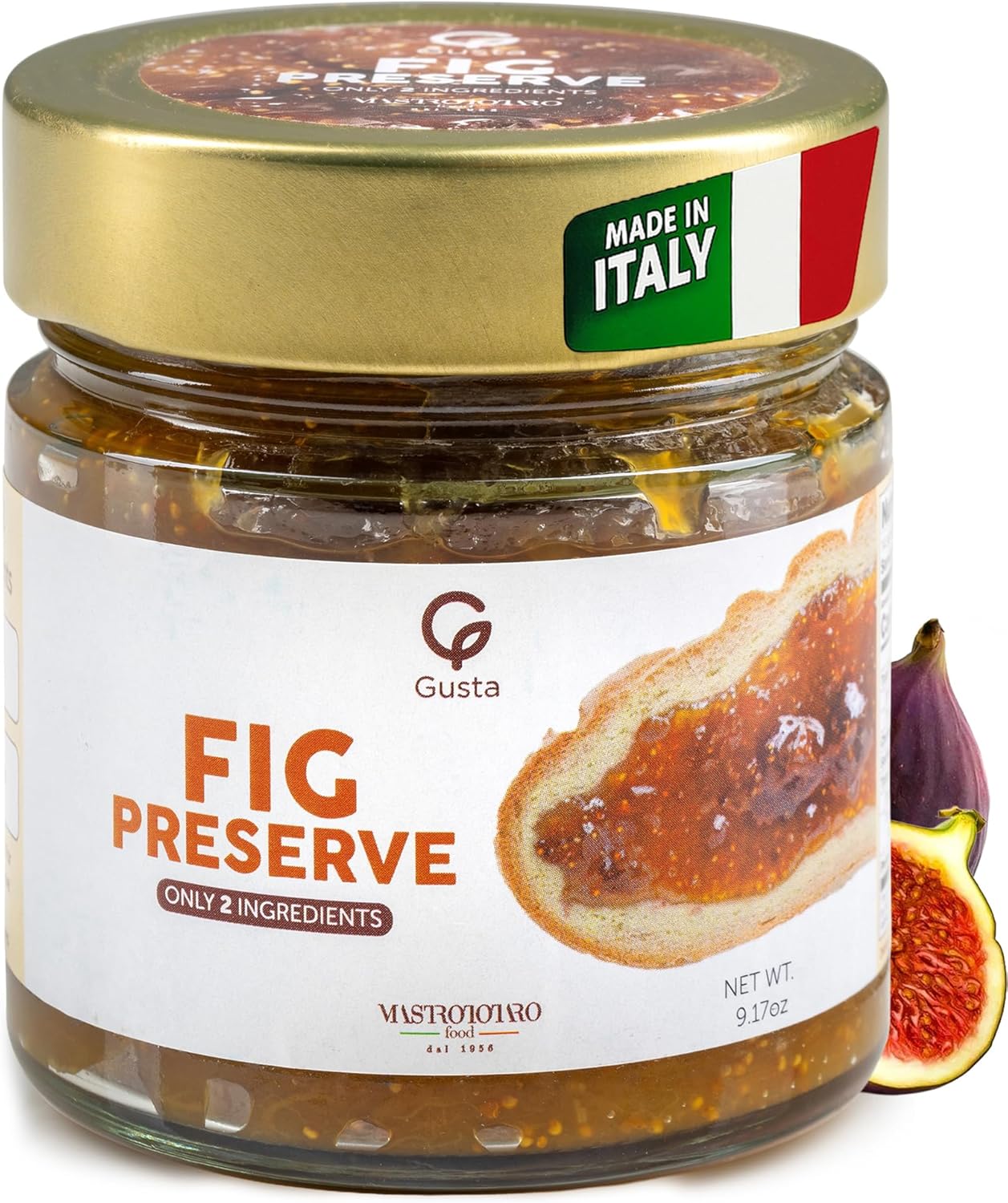 Gusta Figs Jam Preserve - Made in Italy Fruit Preserve & Jam - Only 2 Ingredients - Perfect Fig Jam for Baking - Non-GMO, All Natural - Fresh & Genuine Italian Delicacy - 9.17oz Glass Jar