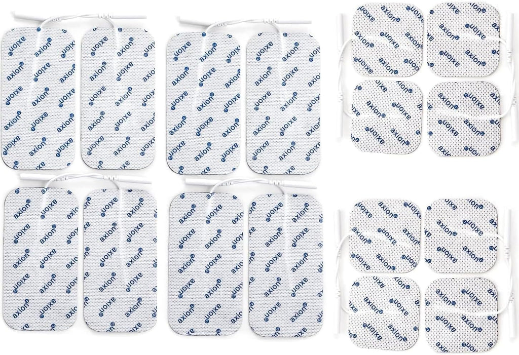 16 axion TENS Unit Electrode Pads Mix Set - 8 Square 2x2'' and 8 Rectangular 4x2'' Replacement Pads with 2mm Pin Connector Lead Wire for TENS Machines and Muscle Stimulators | Reusable Self-Adhesive