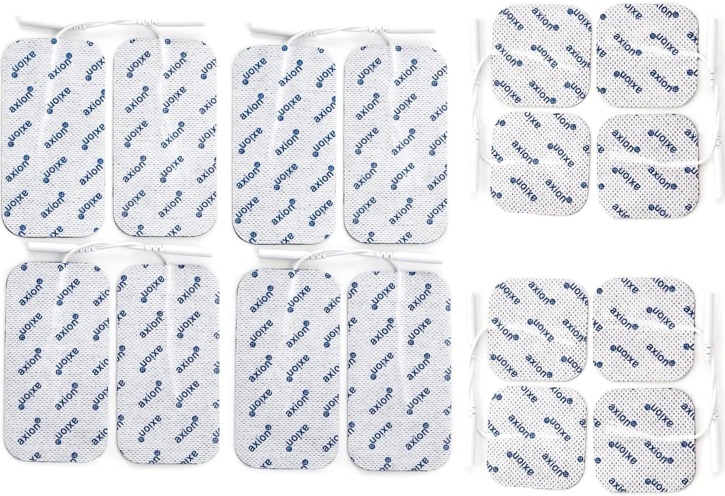 16 axion TENS Unit Electrode Pads Mix Set - 8 Square 2x2'' and 8 Rectangular 4x2'' Replacement Pads with 2mm Pin Connector Lead Wire for TENS Machines and Muscle Stimulators | Reusable Self-Adhesive