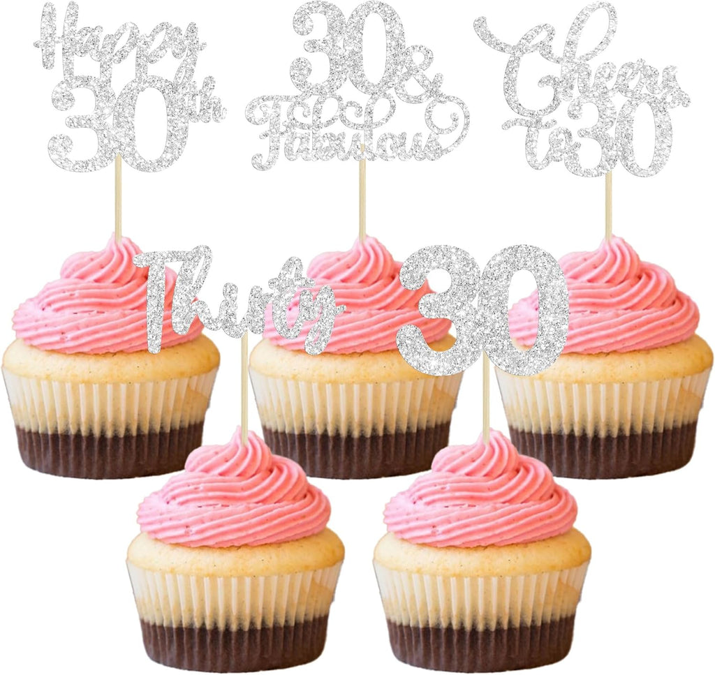 30 Pack Happy 30th Birthday Cupcake Toppers Silver Glitter Thirty Cheers to 30 Birthday Cupcake Picks for Happy 30th Birthday Anniversary Party Cake Decorations Supplies