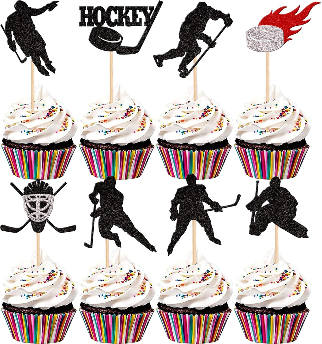 24 PCS Hockey Cupcake Toppers Black Glitter Hockey Players Cupcake Picks Ice Hockey Sports Theme Baby Shower Kids Boys Girls Birthday Party Cake Decorations Supplies Black