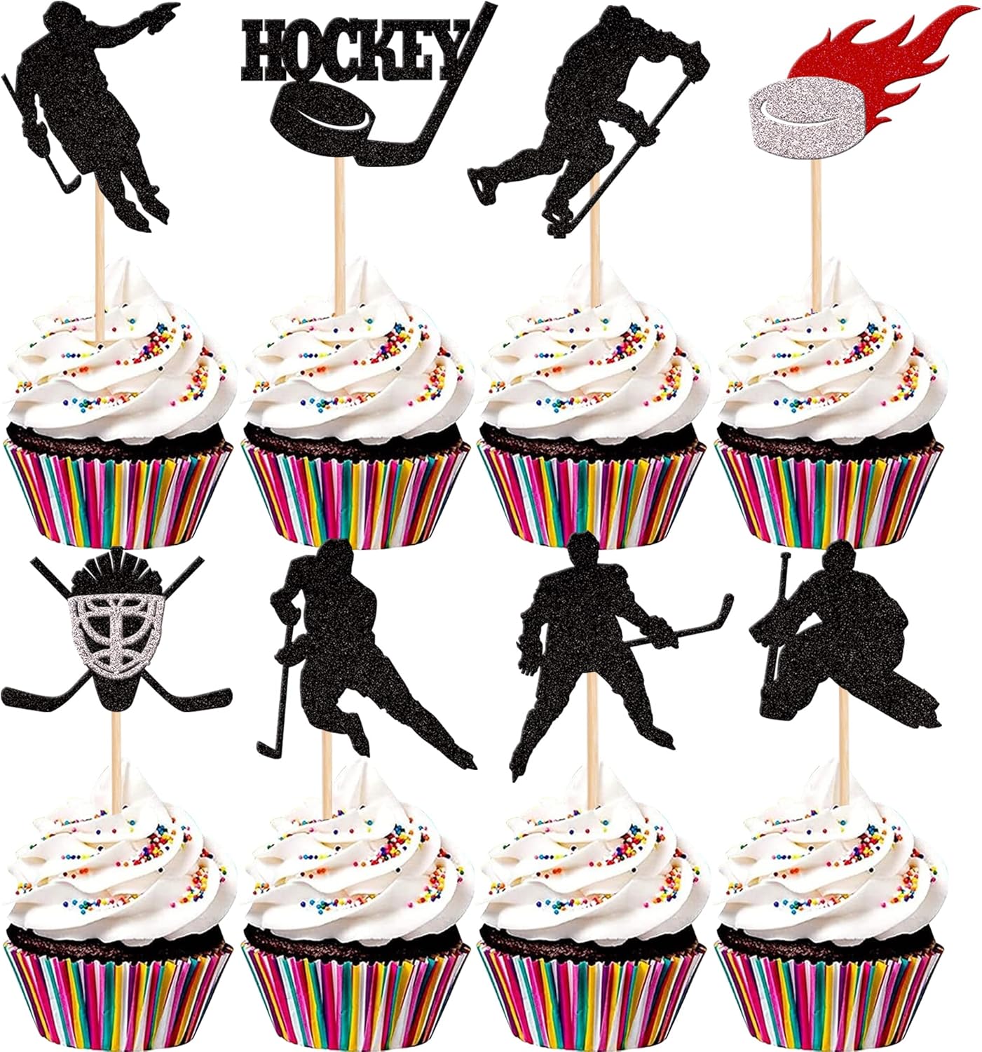 24 PCS Hockey Cupcake Toppers Black Glitter Hockey Players Cupcake Picks Ice Hockey Sports Theme Baby Shower Kids Boys Girls Birthday Party Cake Decorations Supplies Black