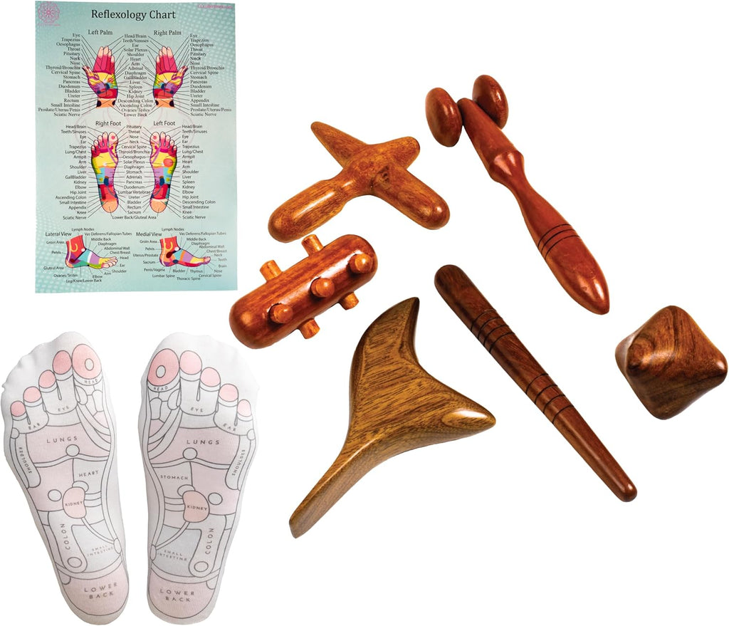CCcollections Wood Therapy Massage Tools, Reflexology Wooden Stick Tool, Traditional Equipment for Relieving Muscle Pain Body Lymphatic Drainage Massager - (G 6SET+SOCKS, 1, Count)