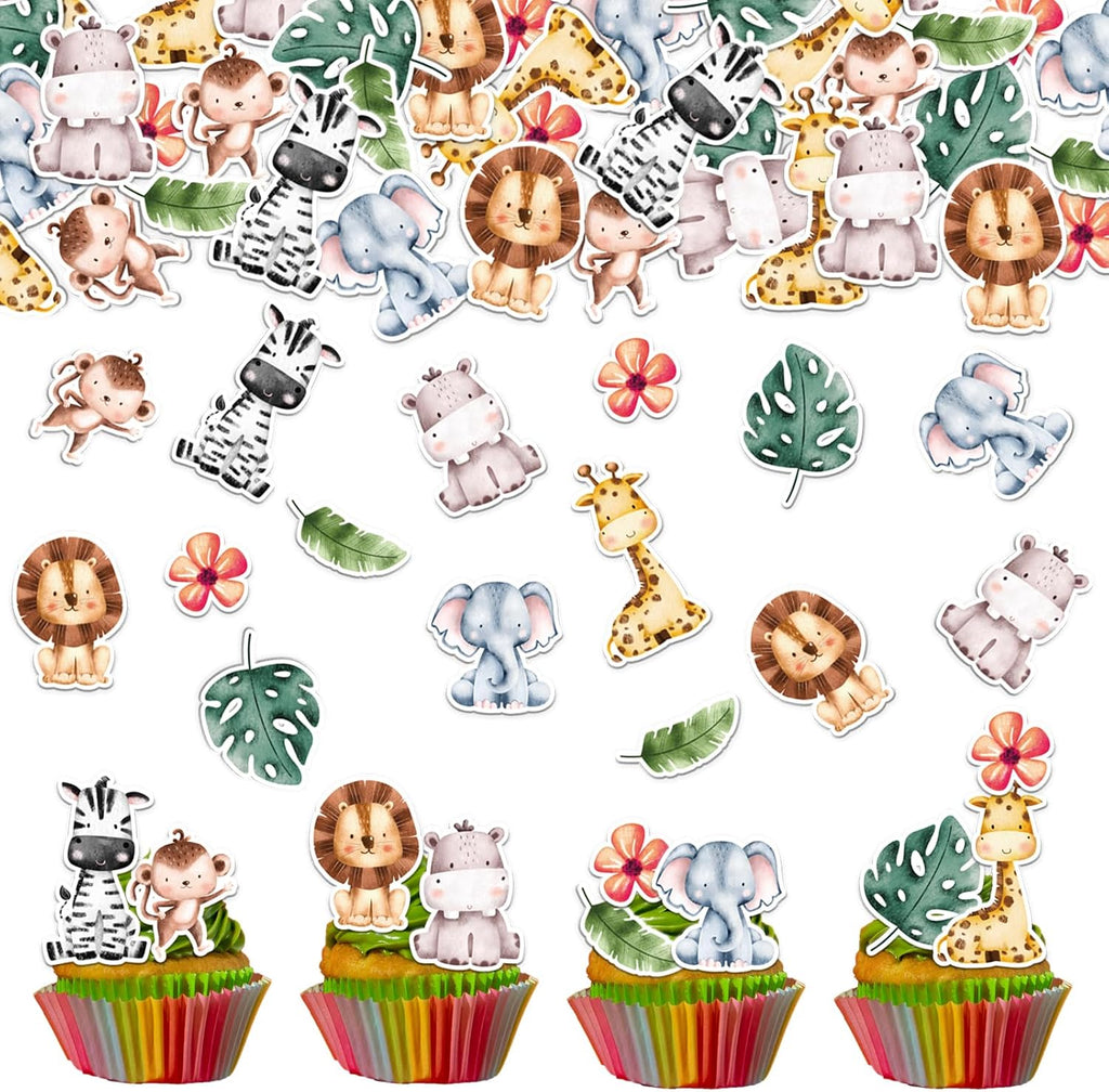 40PCS Edible Jungle Safari Animal Cupcake Toppers Wafer Paper Jungle Safari Animal Cupcake Toppers Edible Deer Lion Elephant Cake Decoration for Jungle Animal Theme Party Birthday Decor Favors