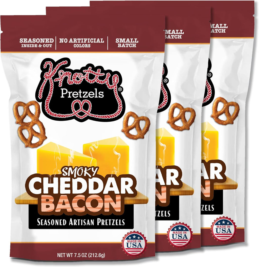 Knotty Pretzels - "The Official Pretzel of Beer" 7.5 Ounce Individual Seasoned Pretzel in Resealable Snack Bags - Smokey Cheddar Bacon (3 Pack)