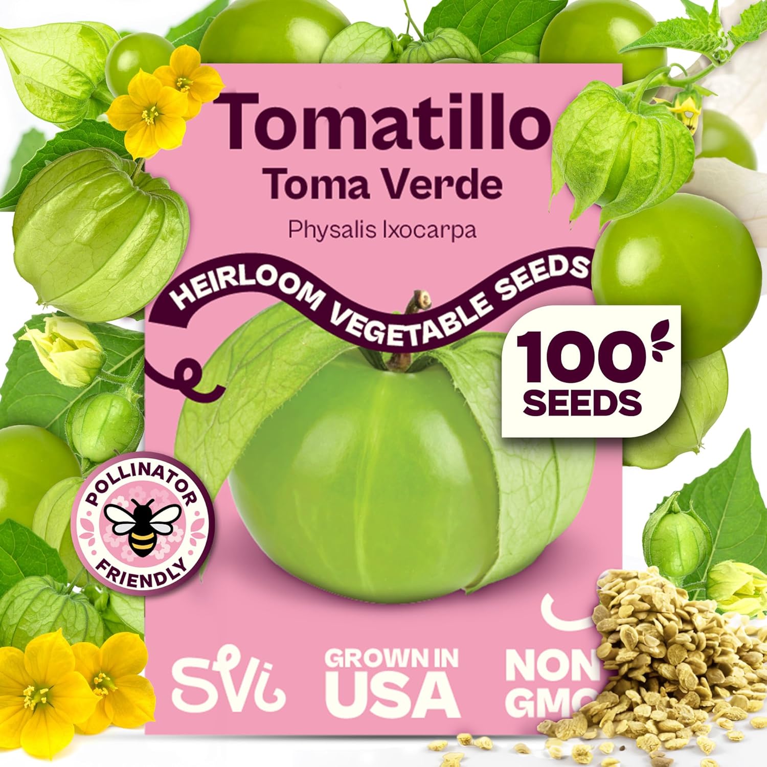 SVI 100 Toma Verde Tomatillo Seeds for Planting (Physalis ixocarpa) – Mexican Tomatillo Salsa Verde Favorite, Prolific 2–4oz Tomatillos – Heirloom Vegetable Seeds for Outdoor & Indoor Garden