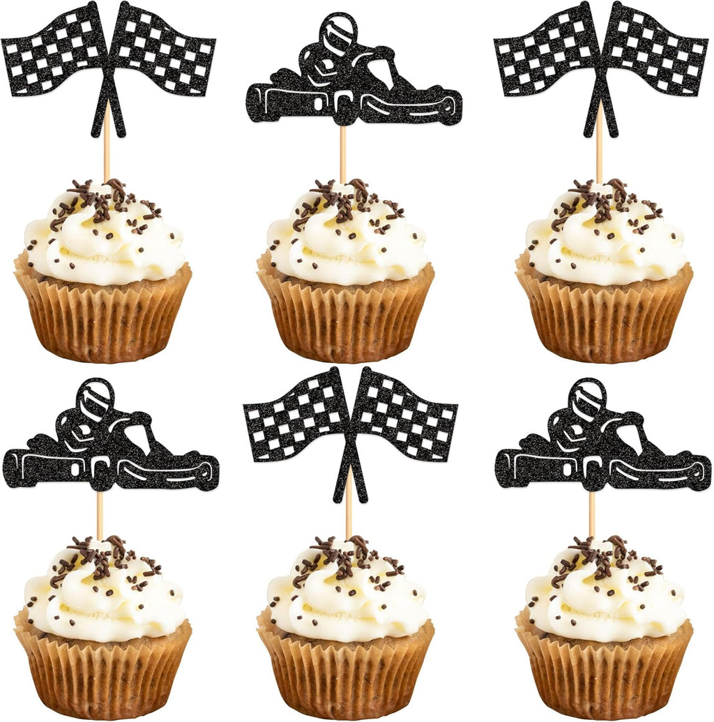 24PCS Race Car Cupcake Toppers Sparkling Trophy Flag Racing Cake Selected Racing Theme, Car Theme Party Supplies Baby Shower Boy Birthday Party Cake Decoration Supplie