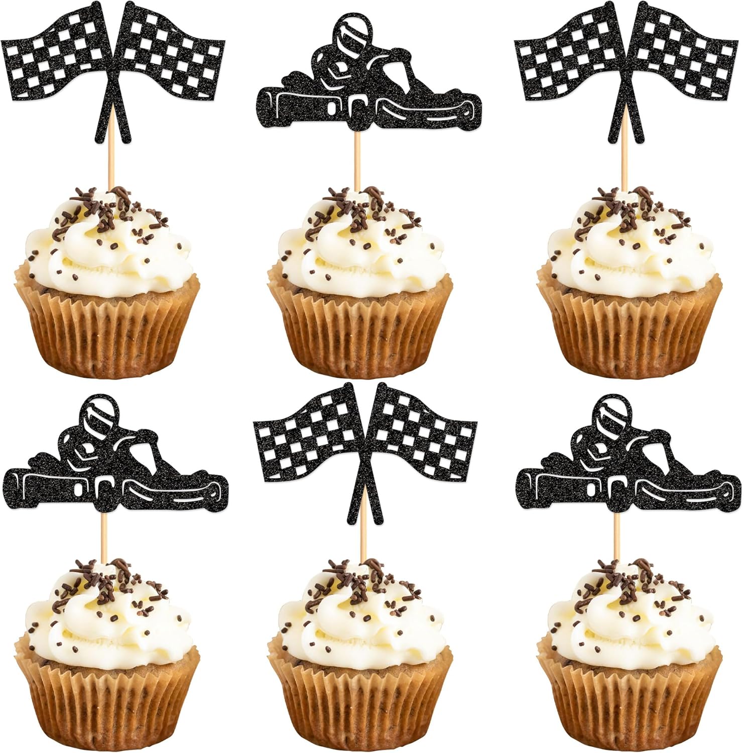 24PCS Race Car Cupcake Toppers Sparkling Trophy Flag Racing Cake Selected Racing Theme, Car Theme Party Supplies Baby Shower Boy Birthday Party Cake Decoration Supplie