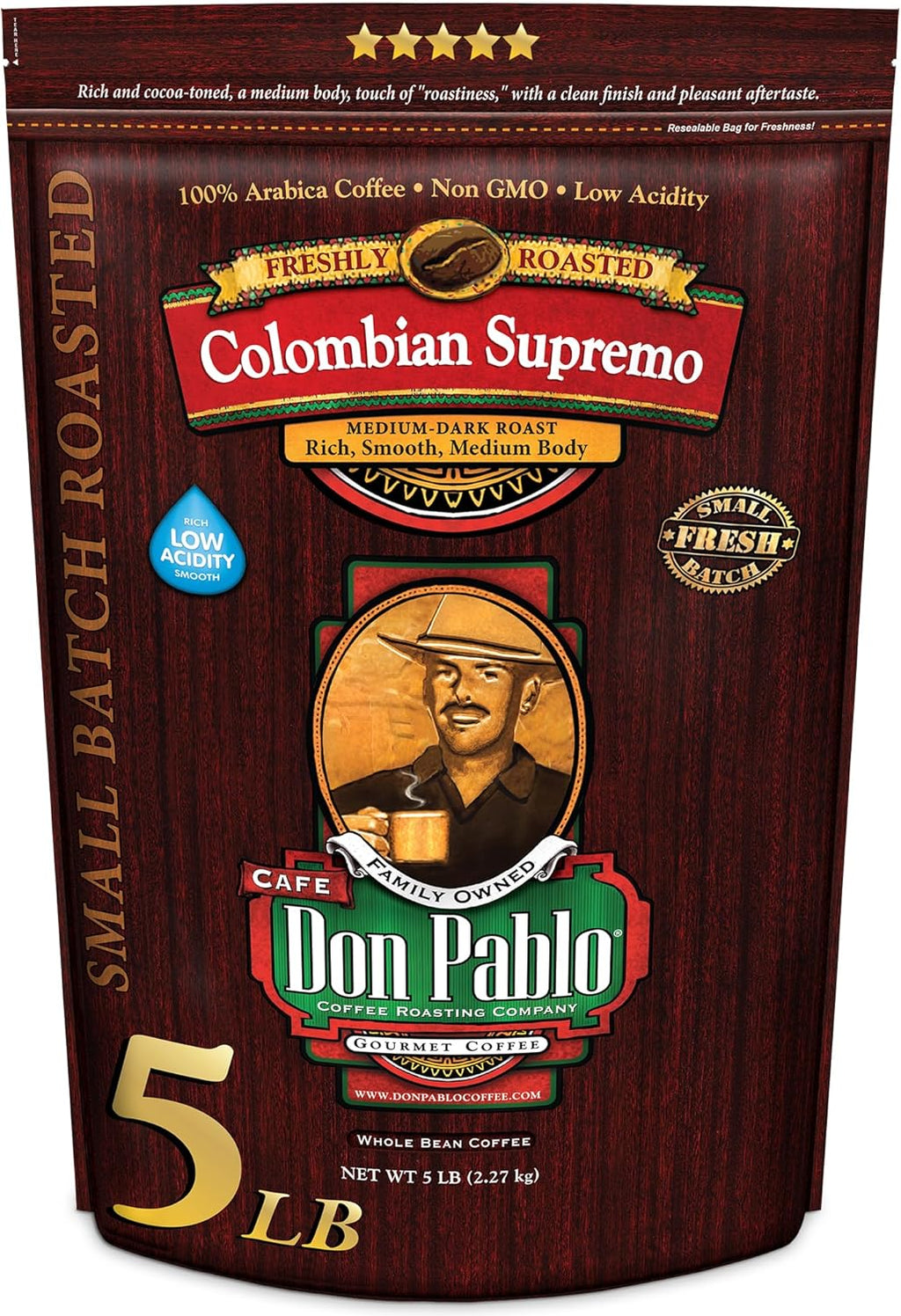 5LB Don Pablo Colombian Supremo - Whole Bean Arabica Coffee - Medium-Dark Roast - Low Acidity - 5 Pound (5 lb) Bag