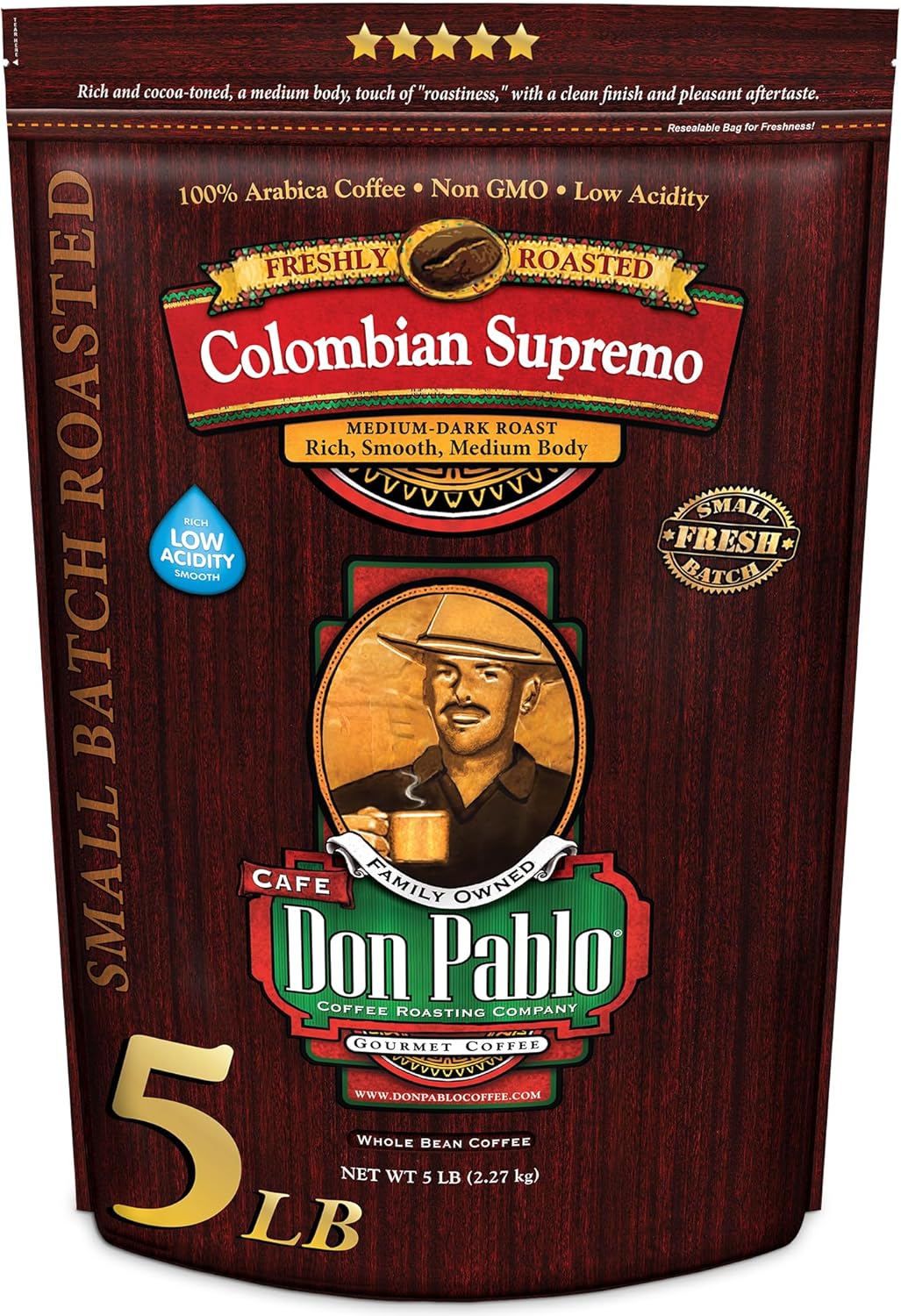 5LB Don Pablo Colombian Supremo - Whole Bean Arabica Coffee - Medium-Dark Roast - Low Acidity - 5 Pound (5 lb) Bag