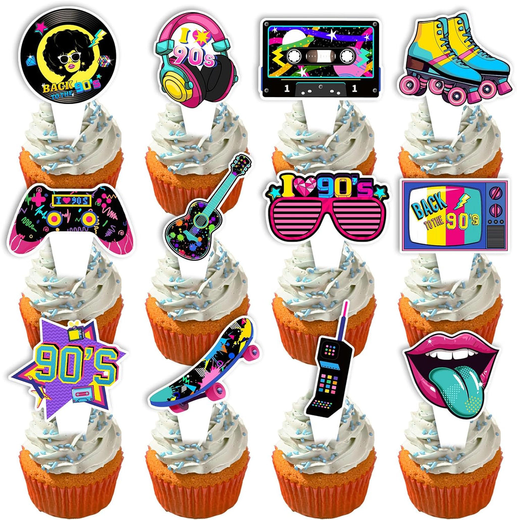 36 Pieces 80s 90s Cupcake Toppers - 80s 90s Theme Birthday Party Decorations for Adults, Hip Hop Retro Cake Topper Supplies, DIY Dessert Decor