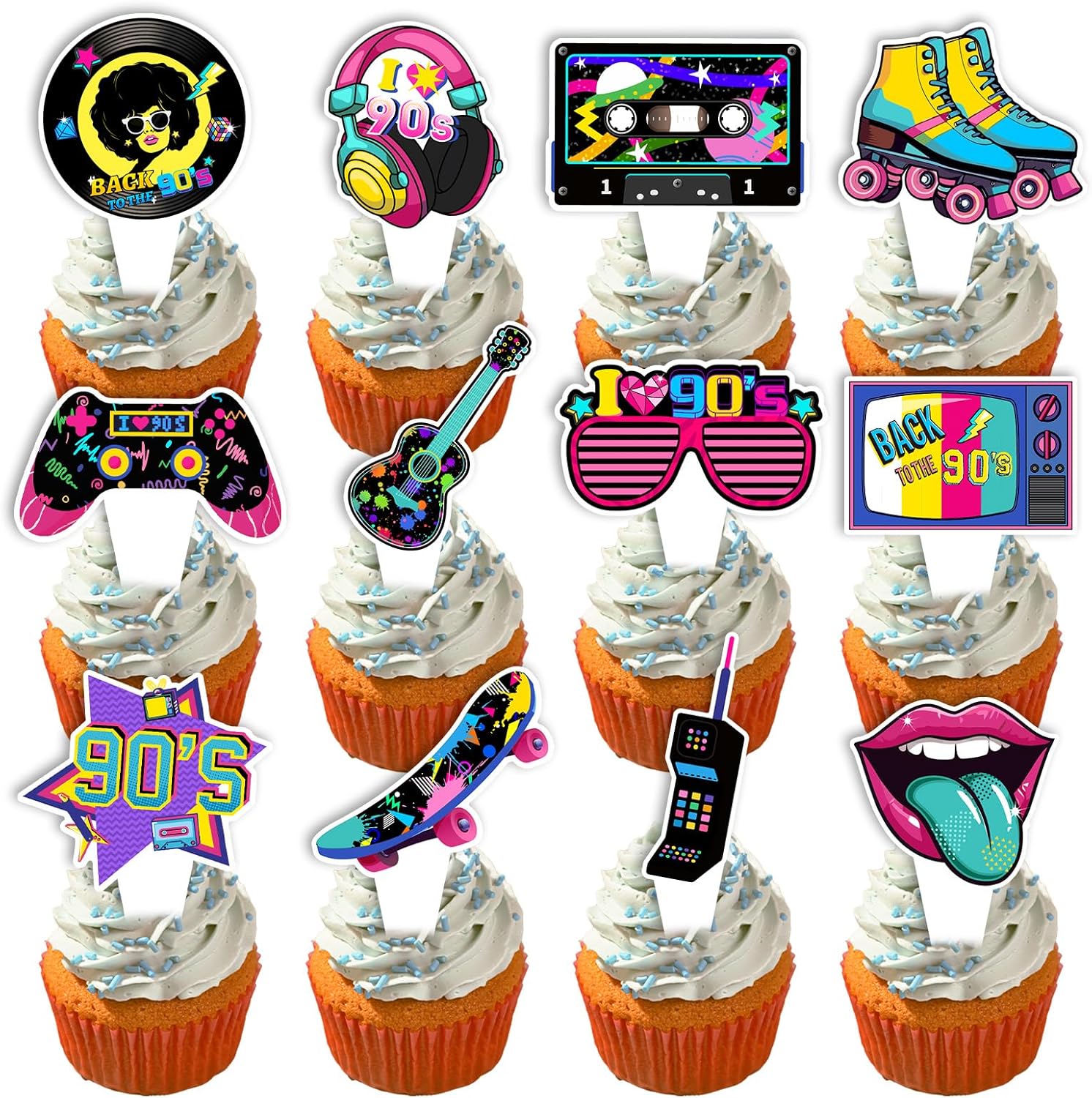 36 Pieces 80s 90s Cupcake Toppers - 80s 90s Theme Birthday Party Decorations for Adults, Hip Hop Retro Cake Topper Supplies, DIY Dessert Decor