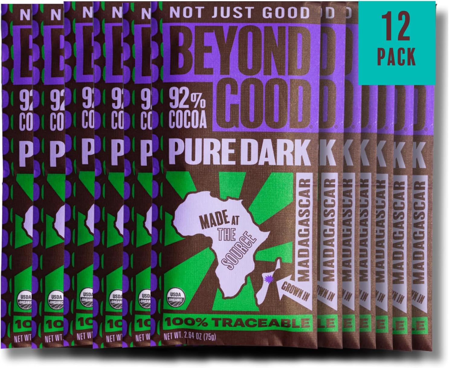 Beyond Good 92% Cocoa Pure Dark Chocolate | 12 Pack - Chocolate Bars | Organic, Direct Trade, Vegan, Kosher, Non-GMO | Single Origin Heirloom Madagascar Dark Chocolate