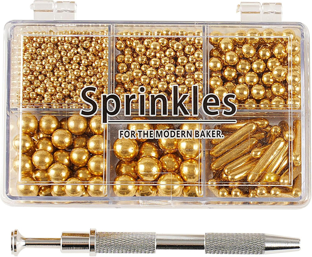Kasvan Gold Mix Sugar Sprinkles - Edible Candy Pearls with 4-Claw Sprinkle Pen,118g/4.16 Oz, Gift Box Pack, Baking Cake Decorations, Ice Cream Toppings and Cookie Decorating, Wedding Party Chirstmas Supplies
