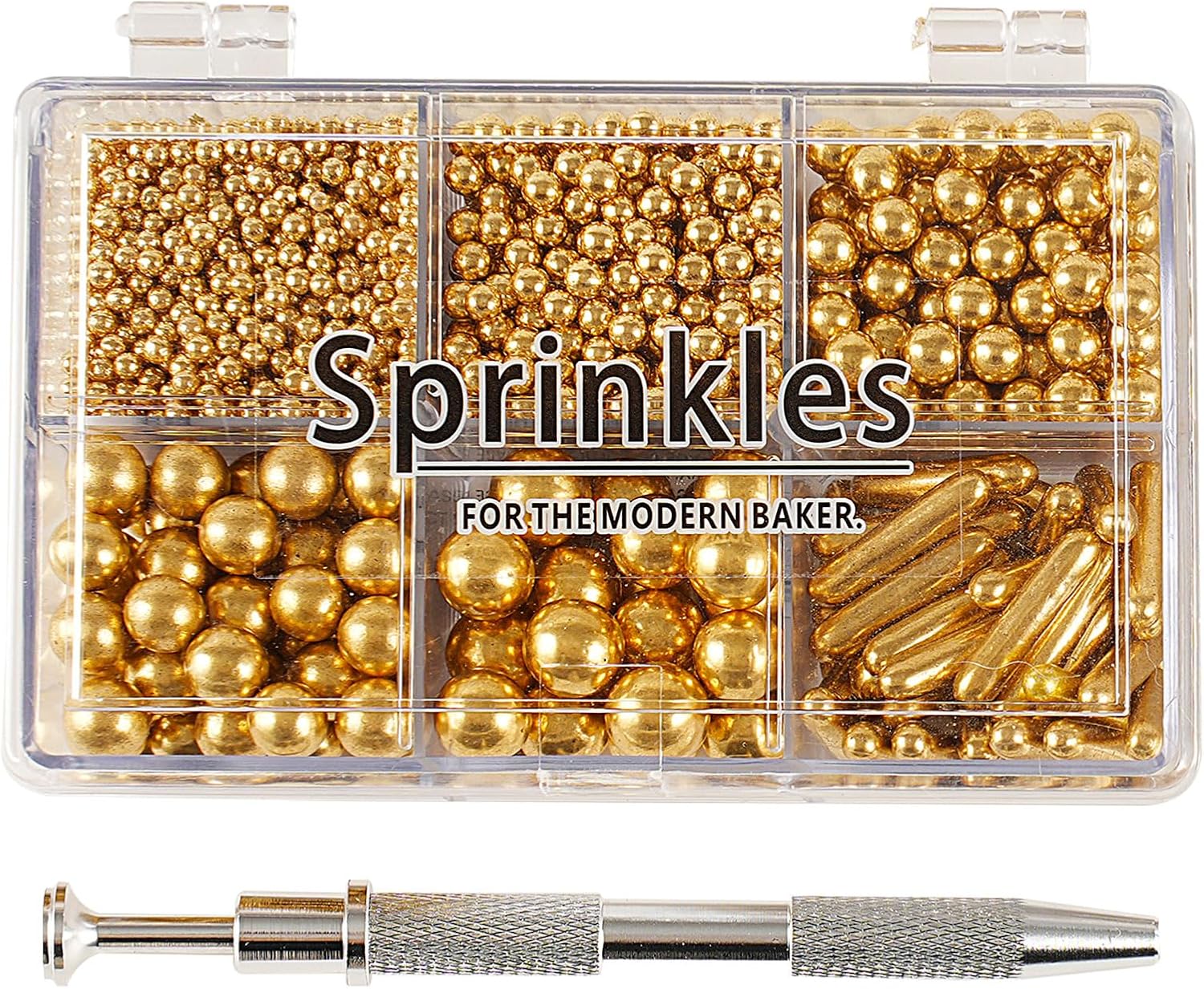 Kasvan Gold Mix Sugar Sprinkles - Edible Candy Pearls with 4-Claw Sprinkle Pen,118g/4.16 Oz, Gift Box Pack, Baking Cake Decorations, Ice Cream Toppings and Cookie Decorating, Wedding Party Chirstmas Supplies