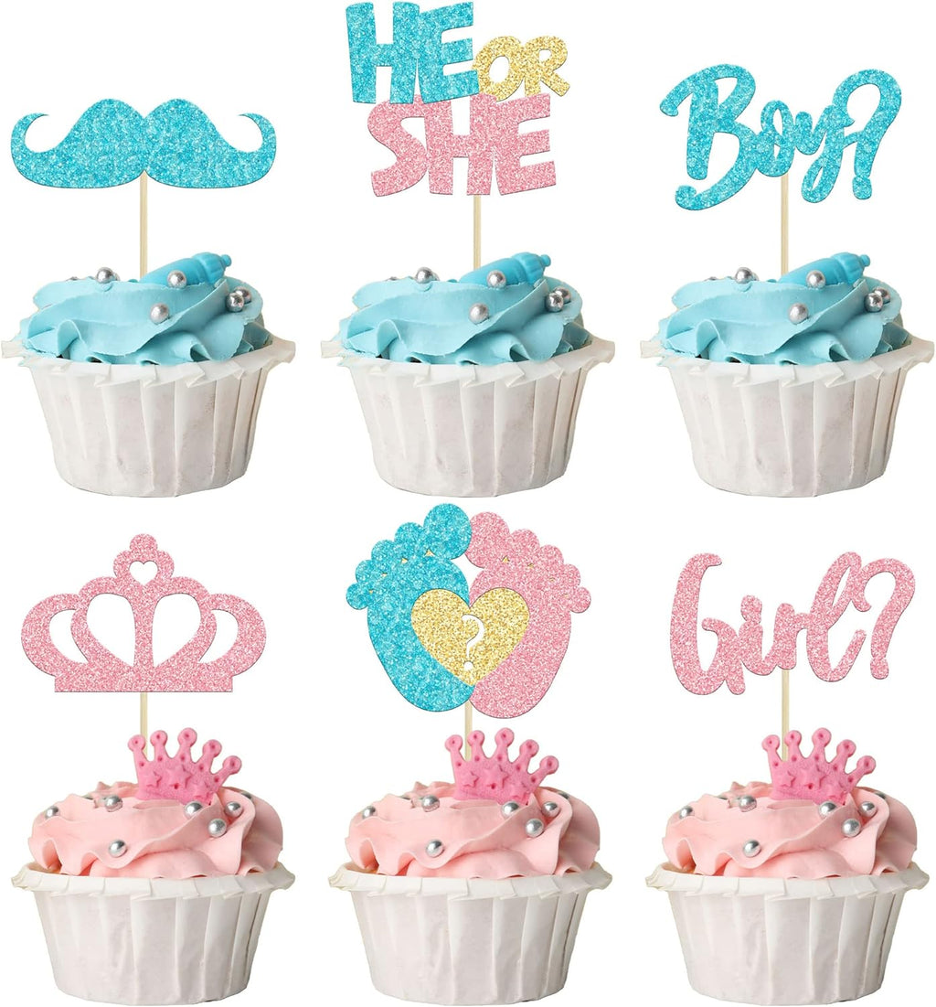 24Pcs Boy or Girl Cupcake Toppers Pink Blue Glitter Crown Moustache Baby Shower Cupcake Picks He or She Footprint Cake Topper Decorations for Gender Reveal Theme Baby Shower Kids Birthday Party