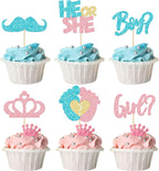 24Pcs Boy or Girl Cupcake Toppers Pink Blue Glitter Crown Moustache Baby Shower Cupcake Picks He or She Footprint Cake Topper Decorations for Gender Reveal Theme Baby Shower Kids Birthday Party