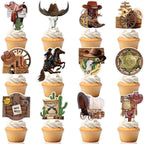 24 PCS Western Cowboy Happy Birthday Cupcake Toppers Wild West Theme Party Decorations Cake Decor Cupcak Decorations Cake Decorating Party Supplies Decor for Baby Shower Men Women Boys Girls