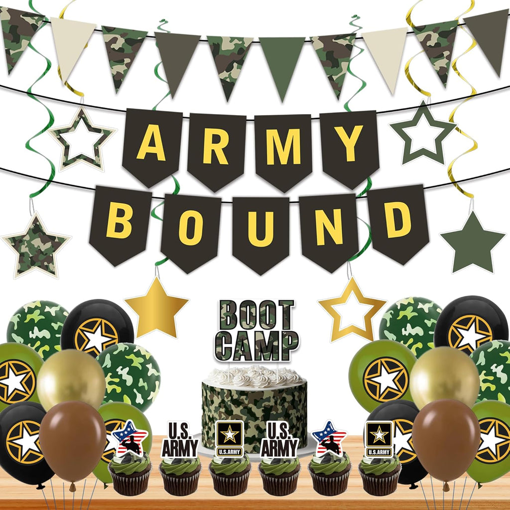 Holkcog Army Party Decorations, Green Military Themed Birthday Banner, Farewell Party Welcome Ceremony, Army Bound Themed Cupcake Decorations, Boot Camp Cake Topper Ballons Supply
