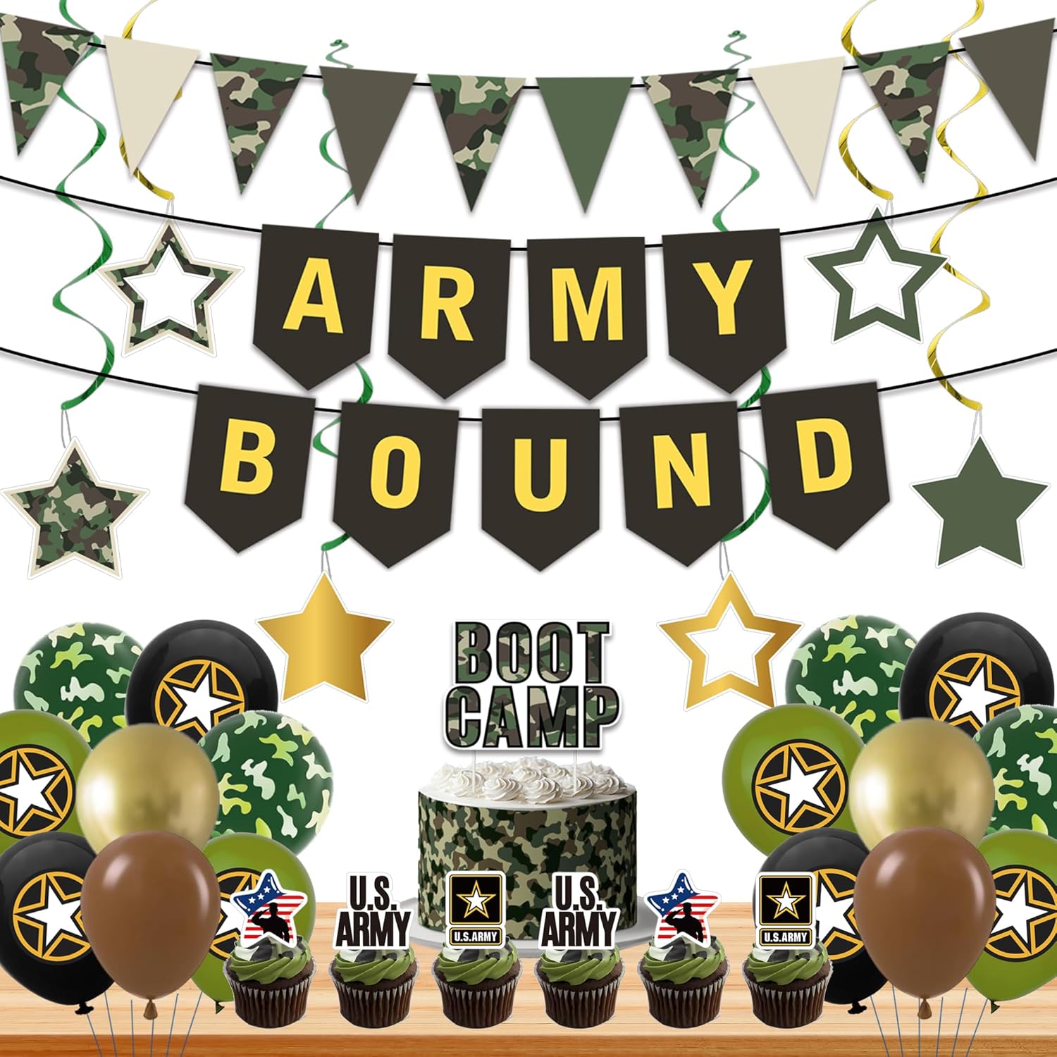 Holkcog Army Party Decorations, Green Military Themed Birthday Banner, Farewell Party Welcome Ceremony, Army Bound Themed Cupcake Decorations, Boot Camp Cake Topper Ballons Supply