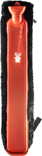 Peterpan Long Hot Water Bottle with Soft Fur Zipper Cover, Hot Water Bottles for Pain Relief, PVC, BPA & Phthalates Free, 2nd Gen Lanyard Cap, Original, Black