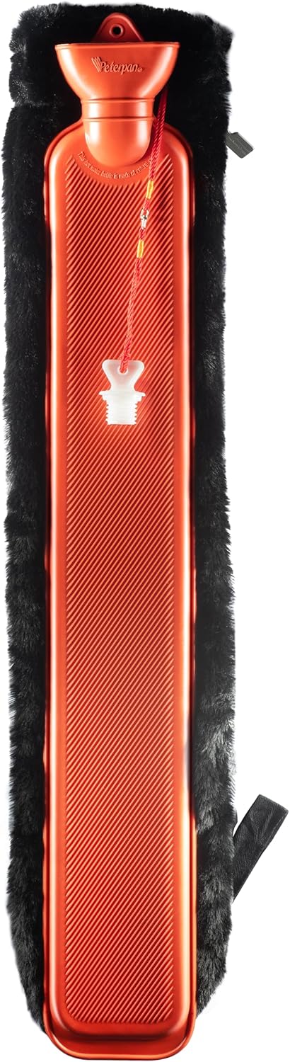 Peterpan Long Hot Water Bottle with Soft Fur Zipper Cover, Hot Water Bottles for Pain Relief, PVC, BPA & Phthalates Free, 2nd Gen Lanyard Cap, Original, Black