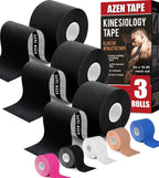 AZEN 3 Rolls Kinesiology Tape, 16.4 ft Waterproof Kinetic Tape for Joints Support and Muscle Pain Relief, Uncut Muscle Tape, Knee Tape, Athletic Tape - Black