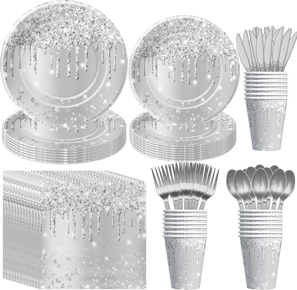 Silver Plates And Napkins Party Supplies - Silver Party Decorations Tableware For Birthday Bridal Shower, Paper Plate, Napkin, Cup, Cutlery, Diamonds Glitter Table Decorations | Serve 24