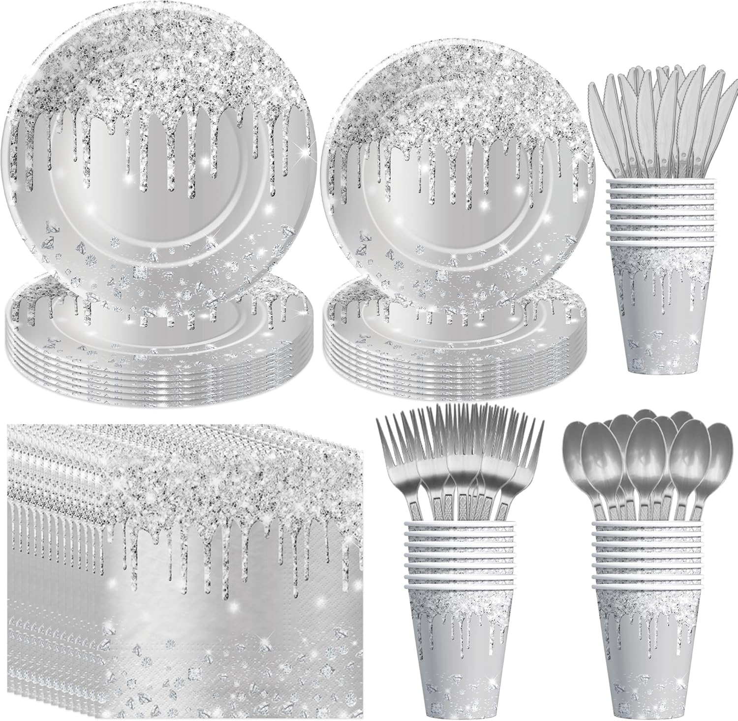 Silver Plates And Napkins Party Supplies - Silver Party Decorations Tableware For Birthday Bridal Shower, Paper Plate, Napkin, Cup, Cutlery, Diamonds Glitter Table Decorations | Serve 24