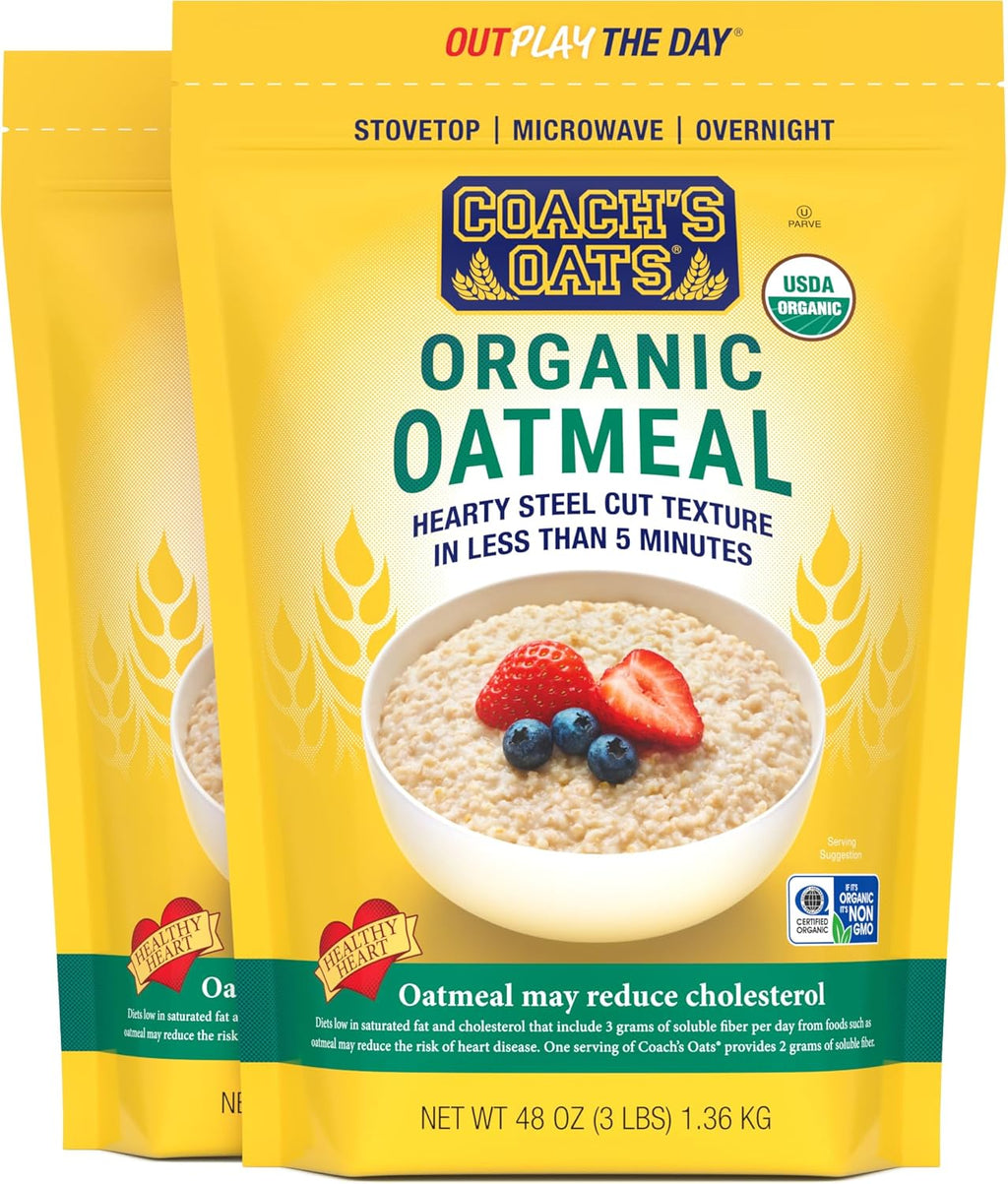 COACH'S OATS Organic Whole Grain Oatmeal (48 oz) Pack of 2 | Cracked n’ Toasted | Quick-Cooking, Steel Cut Texture | Heart-Healthy, Delicious Breakfast | Microwavable, Stovetop, Overnight Oatmeal