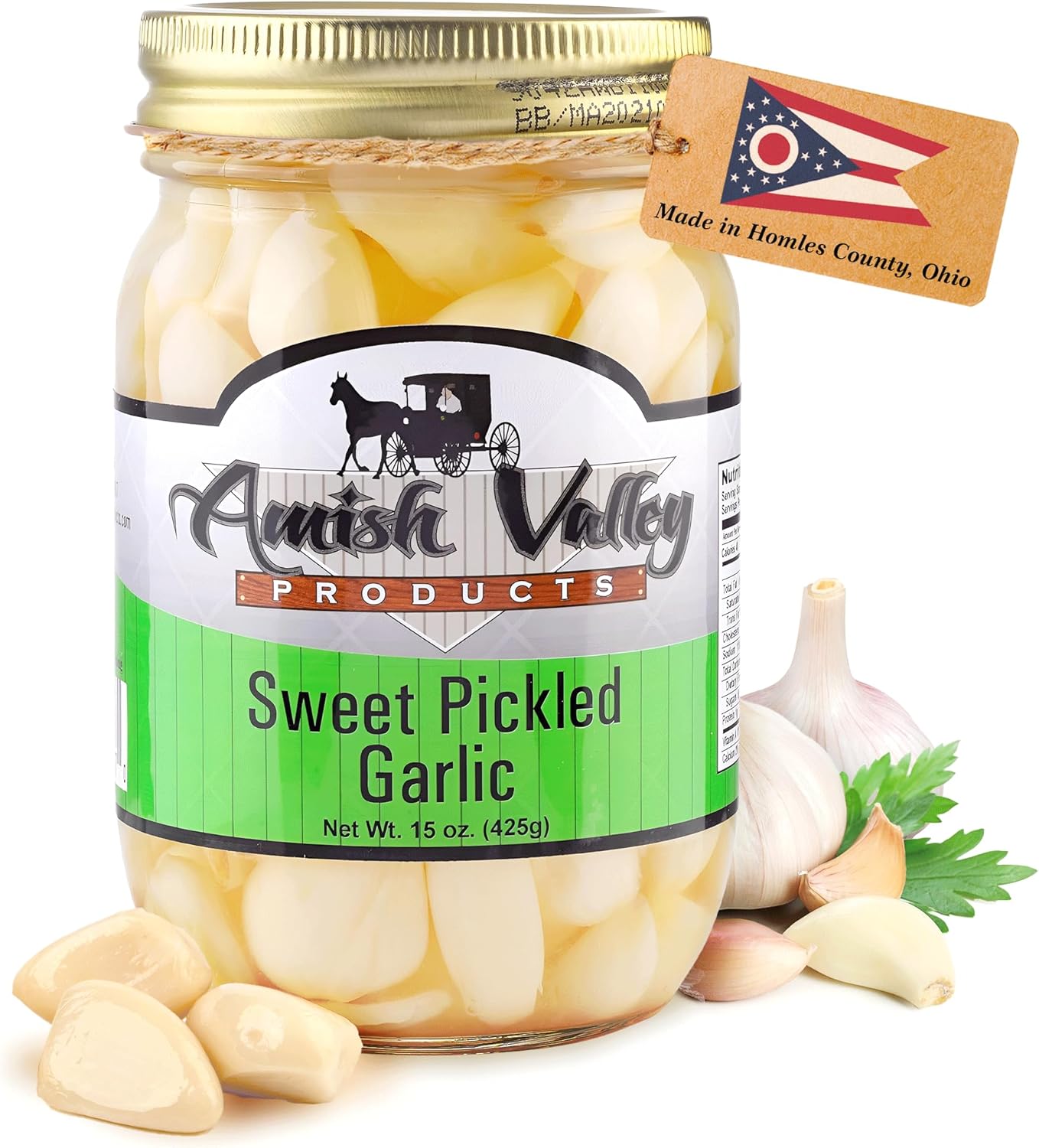 Amish Valley Products Country Pickled Garlic Sweet or Hot Flavor 15 oz Glass Jar (SWEET, 1-15oz JAR)
