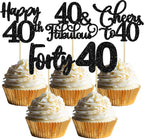 30 Pack Happy 40th Birthday Cupcake Toppers - Black Glitter Forty Cheers to 40 Years Old Cupcake Picks for Anniversary Party Cake Decorations