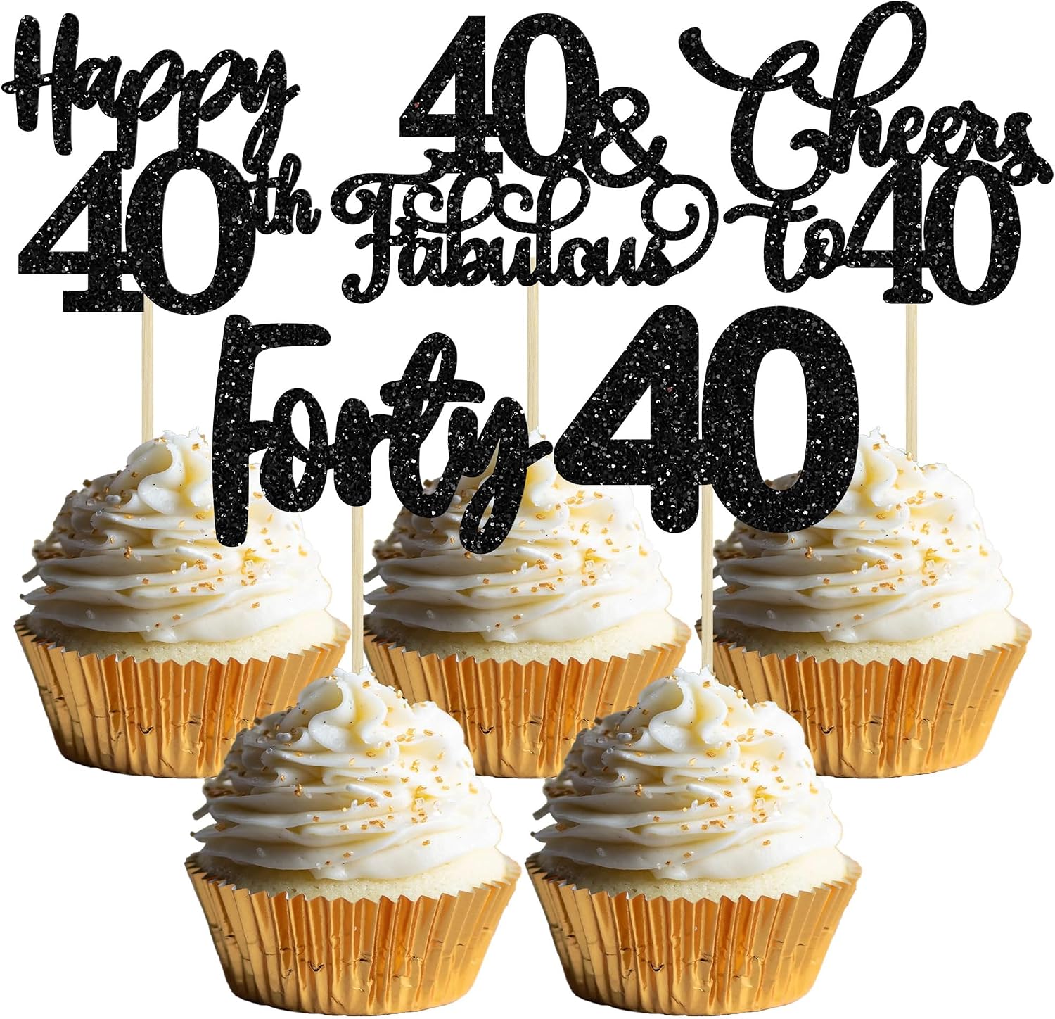 30 Pack Happy 40th Birthday Cupcake Toppers - Black Glitter Forty Cheers to 40 Years Old Cupcake Picks for Anniversary Party Cake Decorations