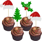 24Pcs Christmas Santa Hat Cupcake Toppers Glitter Holly Leaves Berries Christmas Tree Cupcake Picks Winter Merry Xmas Theme Birthday Party Cake Decorations Supplies