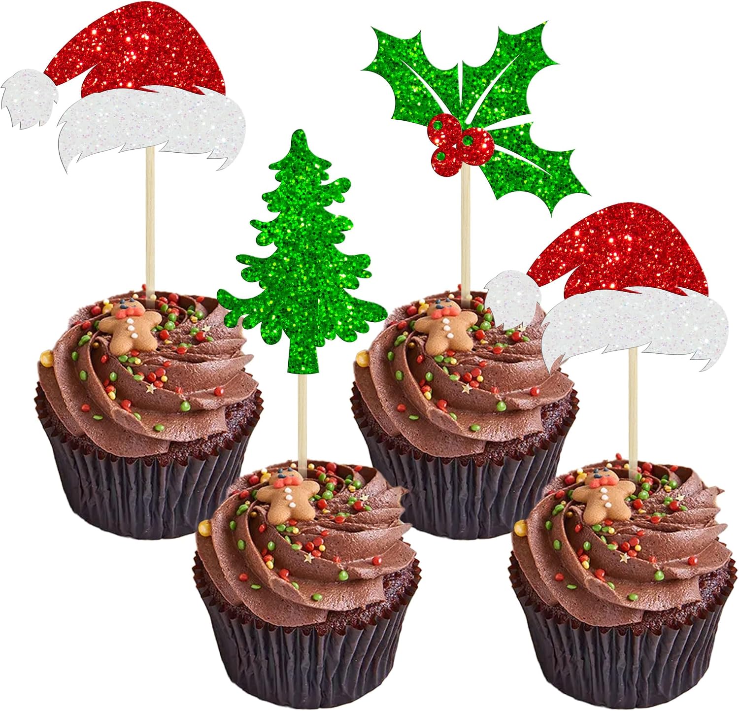 24Pcs Christmas Santa Hat Cupcake Toppers Glitter Holly Leaves Berries Christmas Tree Cupcake Picks Winter Merry Xmas Theme Birthday Party Cake Decorations Supplies