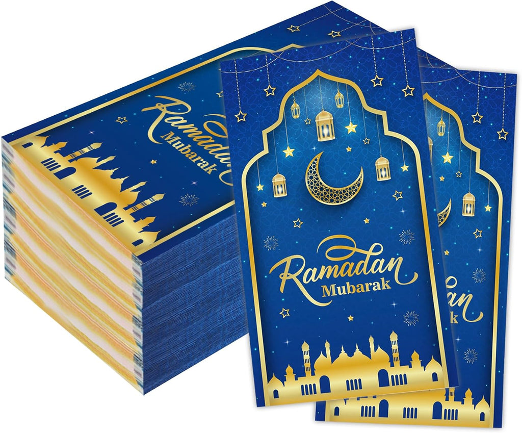Eid Mubarak Napkins, 100 Pcs Eid Mubarak Ramadan Paper Napkins Disposable, 2-Ply Blue Gold Star Moon Absorbent Paper Hand Towels for Bathroom Home Kitchen Mardi Gras Party Decorations Supplies