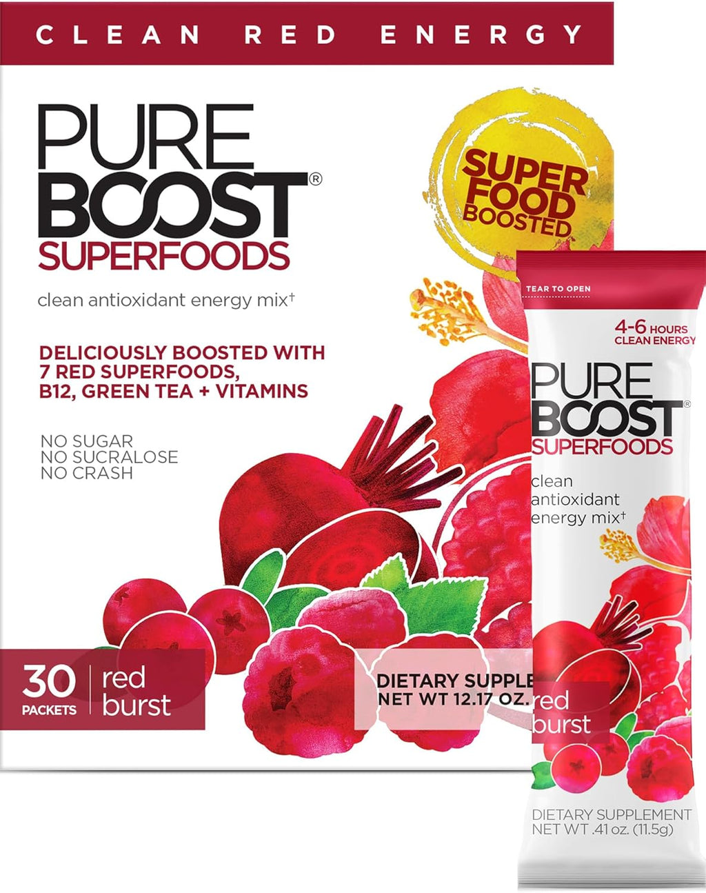 Pureboost Superfoods Clean Energy Booster, Refreshing Energy Drink Mix with 7 Organic Red Superfoods; Beet, Hibiscus, Pomegranate and Vitamins. Sugar-Free, No Sucralose (Red Burst, 30 Count)